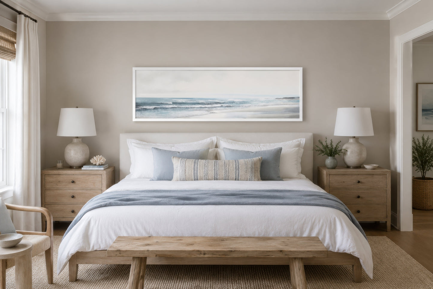 Calm Minimalist Beach Long Horizontal Coastal Framed Canvas Wall Art