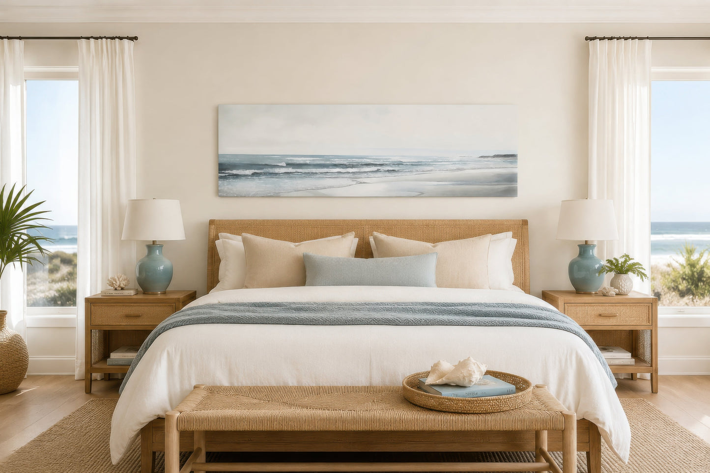 Calm Minimalist Beach Long Horizontal Coastal Framed Canvas Wall Art