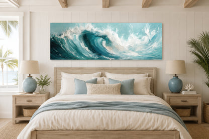 Teal Ocean Wave Coastal Horizontal Framed Canvas Wall Art