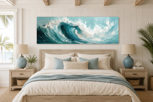Teal Ocean Wave Coastal Horizontal Framed Canvas Wall Art