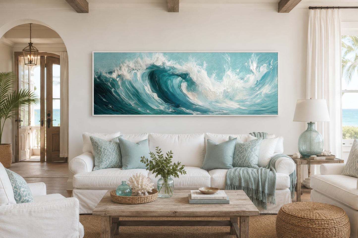 Teal Ocean Wave Coastal Horizontal Framed Canvas Wall Art