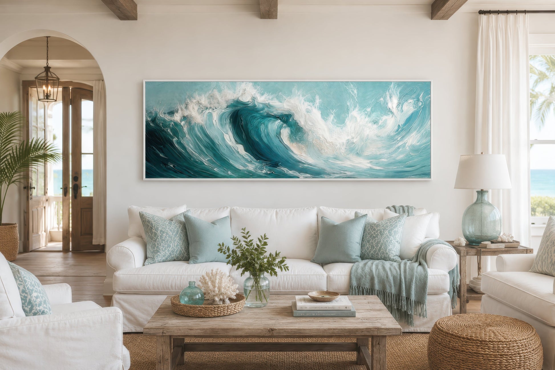 Teal Ocean Wave Coastal Horizontal Framed Canvas Wall Art