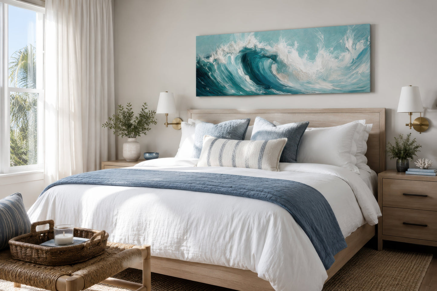 Teal Ocean Wave Coastal Horizontal Framed Canvas Wall Art