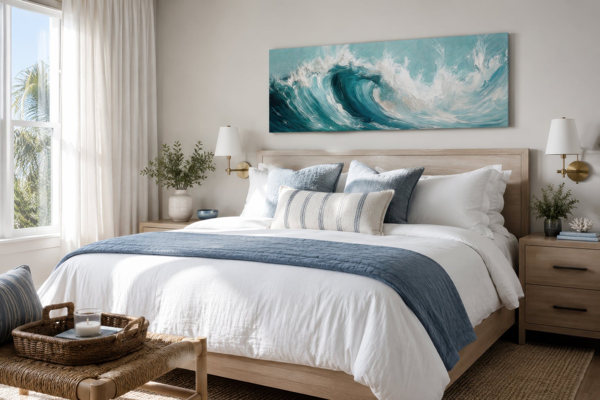 Teal Ocean Wave Coastal Horizontal Framed Canvas Wall Art