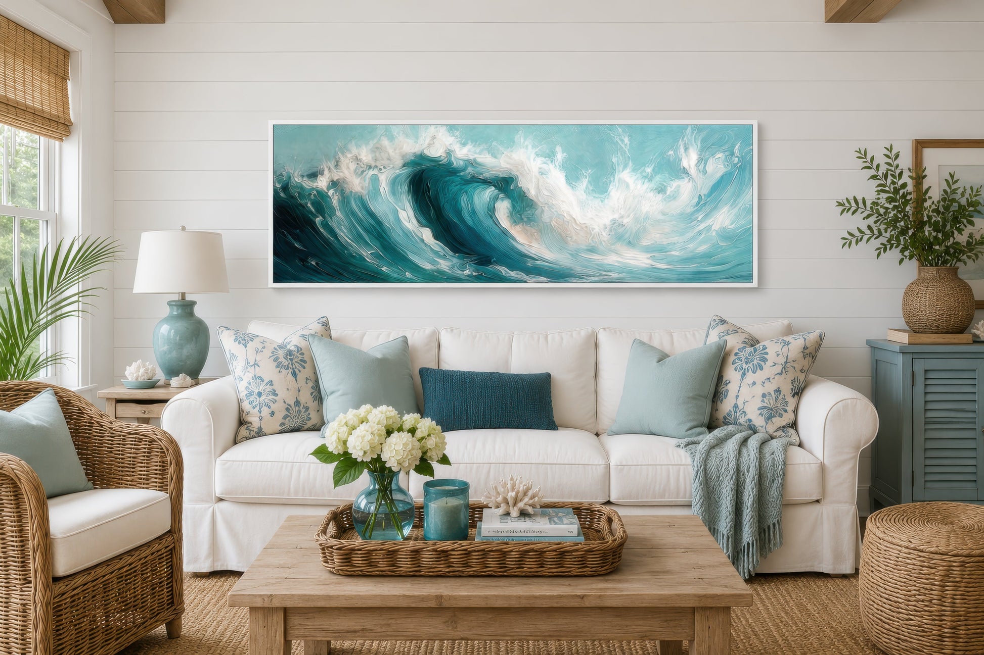 Teal Ocean Wave Coastal Horizontal Framed Canvas Wall Art