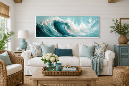 Teal Ocean Wave Coastal Horizontal Framed Canvas Wall Art