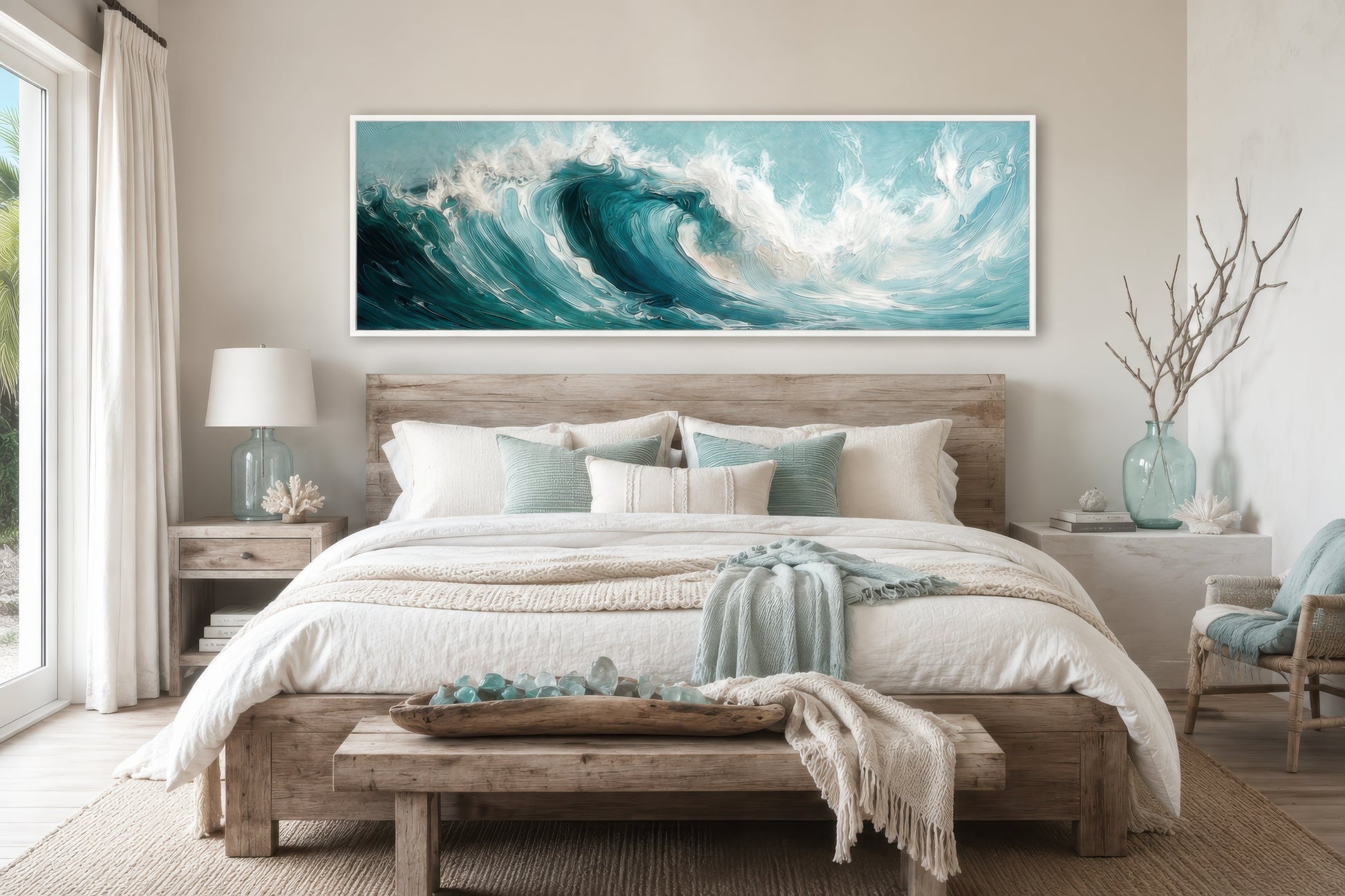 Teal Ocean Wave Coastal Horizontal Framed Canvas Wall Art