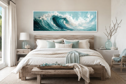 Teal Ocean Wave Coastal Horizontal Framed Canvas Wall Art