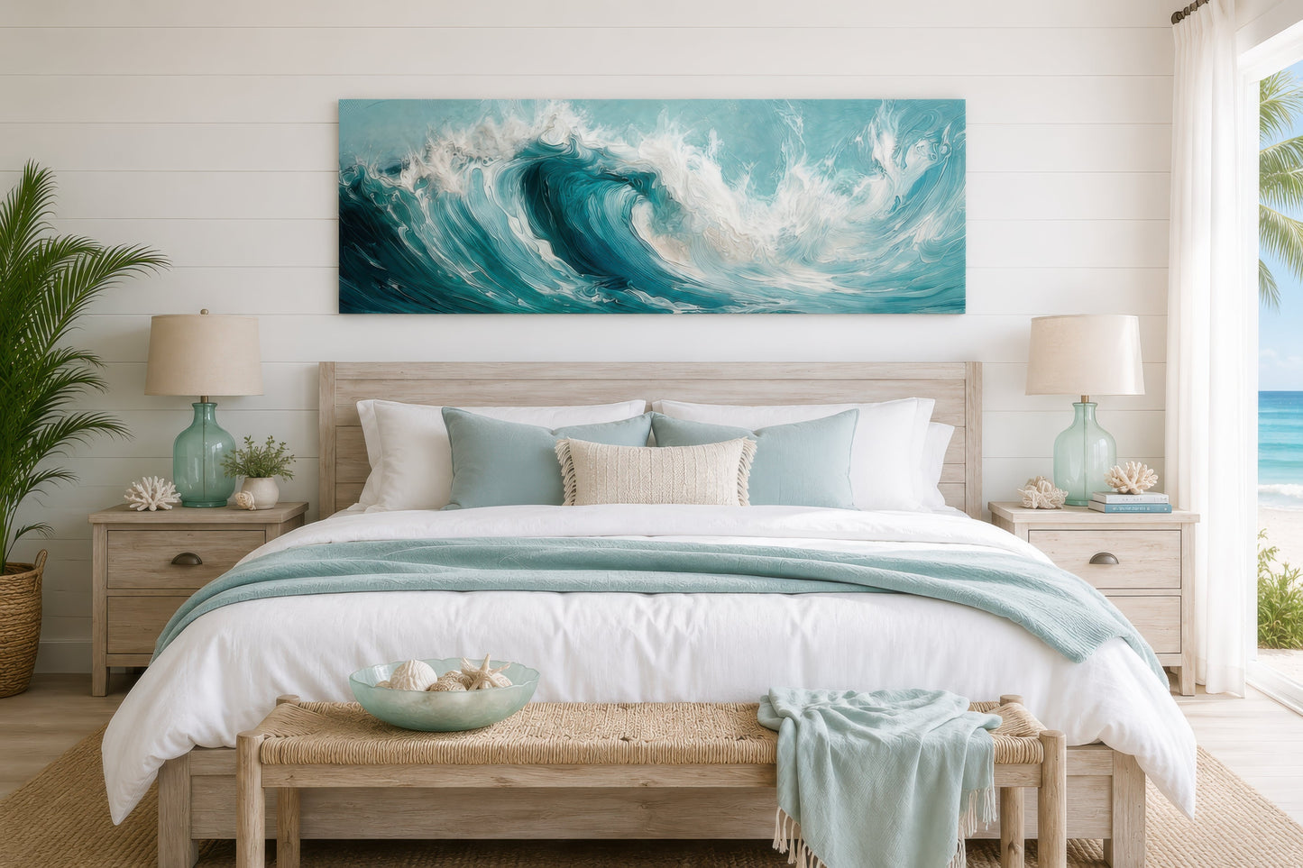 Teal Ocean Wave Coastal Horizontal Framed Canvas Wall Art