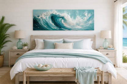 Teal Ocean Wave Coastal Horizontal Framed Canvas Wall Art