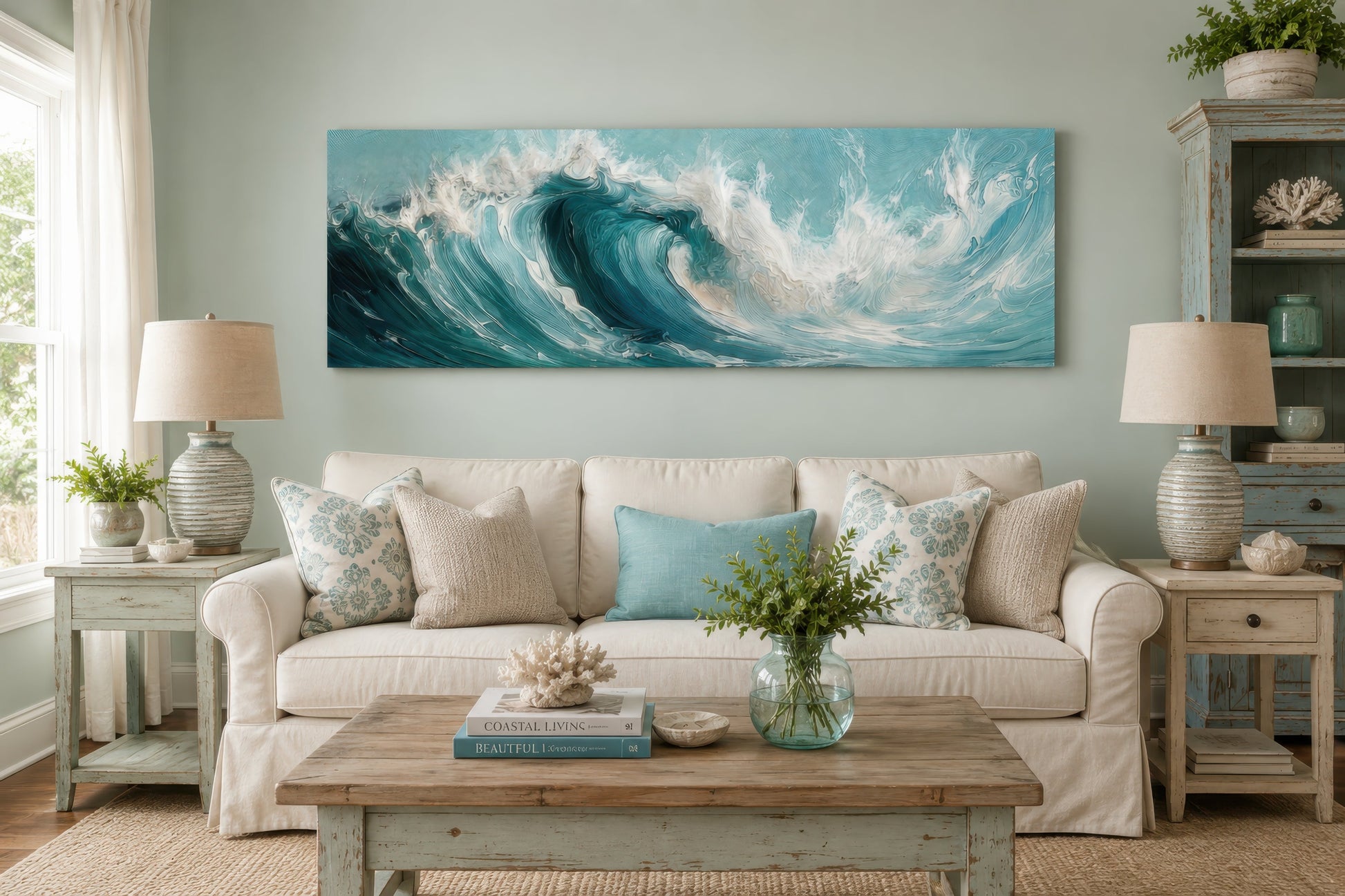 Teal Ocean Wave Coastal Horizontal Framed Canvas Wall Art