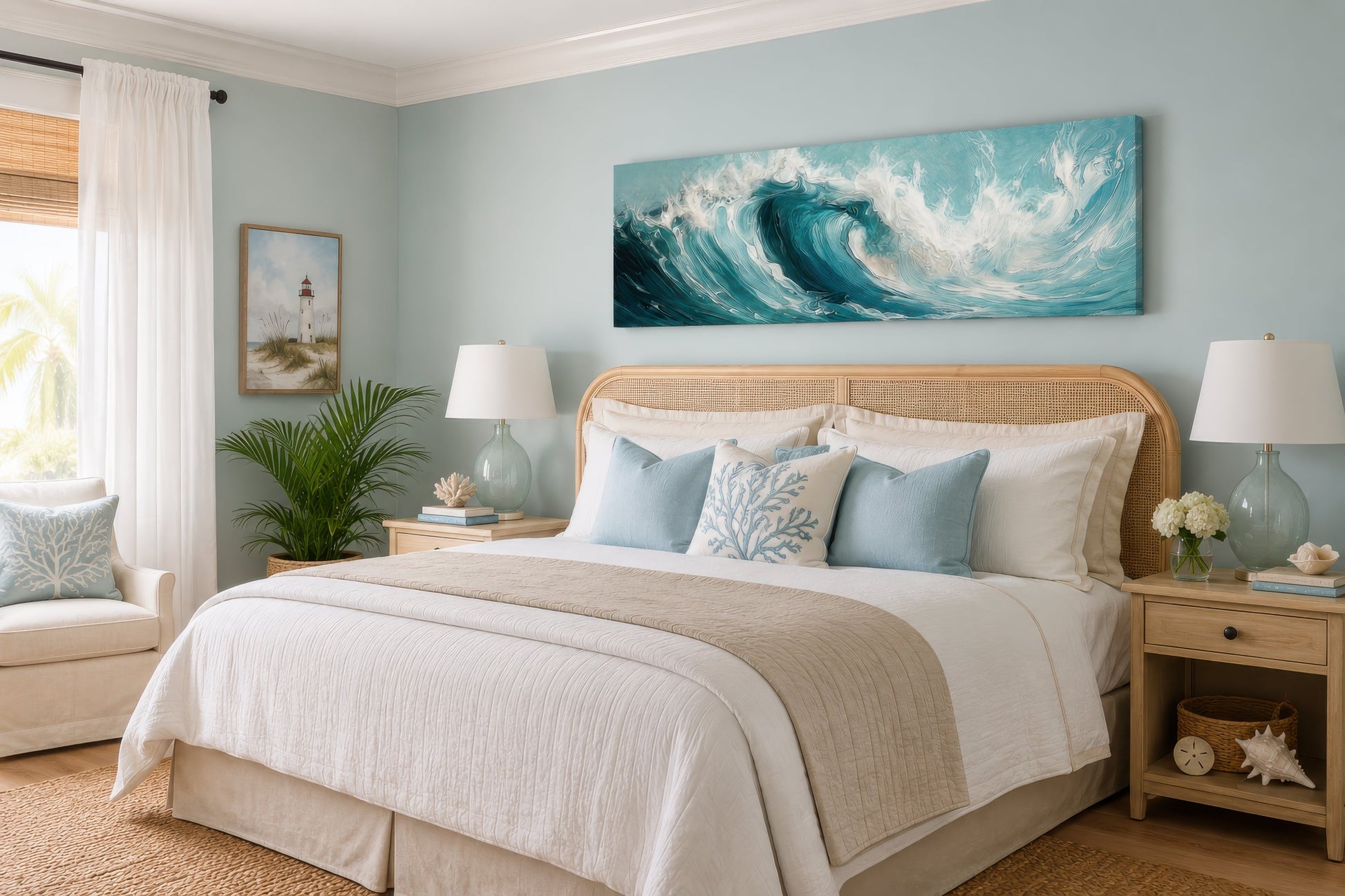 Teal Ocean Wave Coastal Horizontal Framed Canvas Wall Art