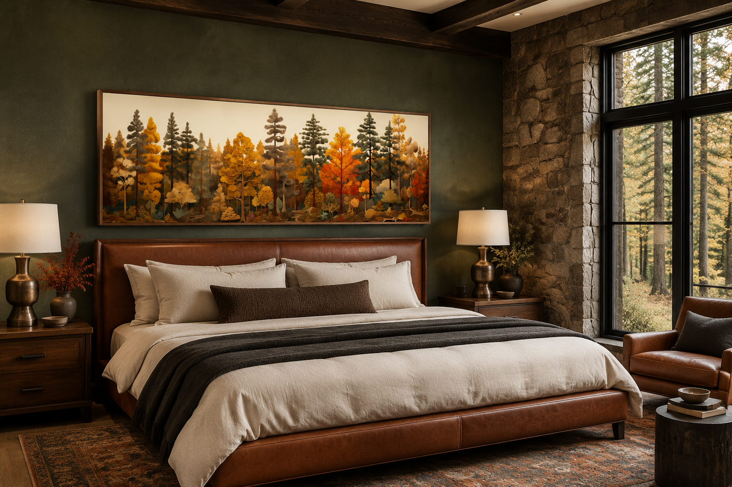 Autumn Forest Painting On Wood Long Horizontal Wall Art For Cabin Above Bed Decor