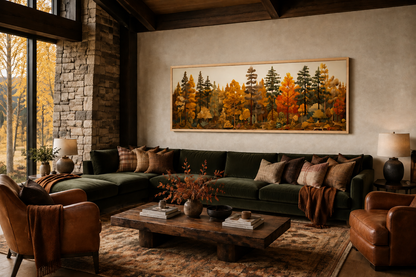 Autumn Forest Painting On Wood Long Horizontal Wall Art For Cabin Above Bed Decor