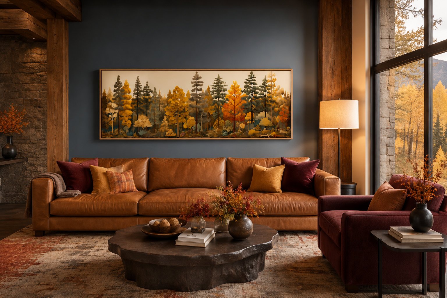 Autumn Forest Painting On Wood Long Horizontal Wall Art For Cabin Above Bed Decor
