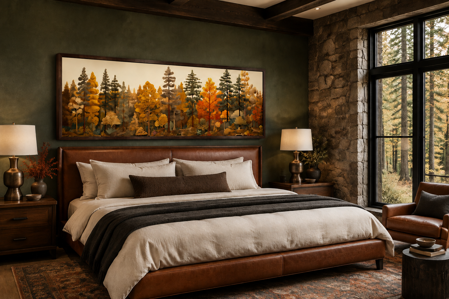 Autumn Forest Painting On Wood Long Horizontal Wall Art For Cabin Above Bed Decor