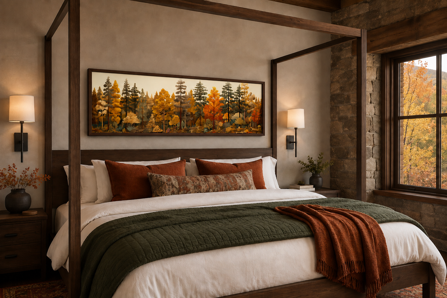 Autumn Forest Painting On Wood Long Horizontal Wall Art For Cabin Above Bed Decor