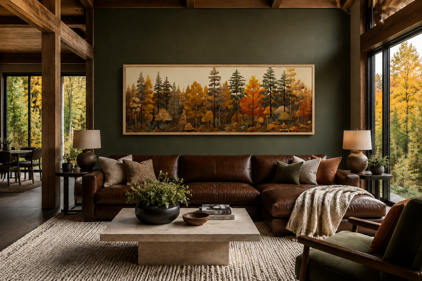 Autumn Forest Painting On Wood Long Horizontal Wall Art For Cabin Above Bed Decor