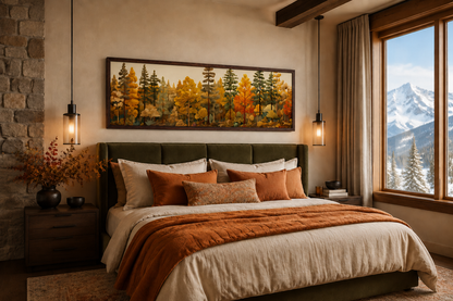 Autumn Forest Painting On Wood Long Horizontal Wall Art For Cabin Above Bed Decor