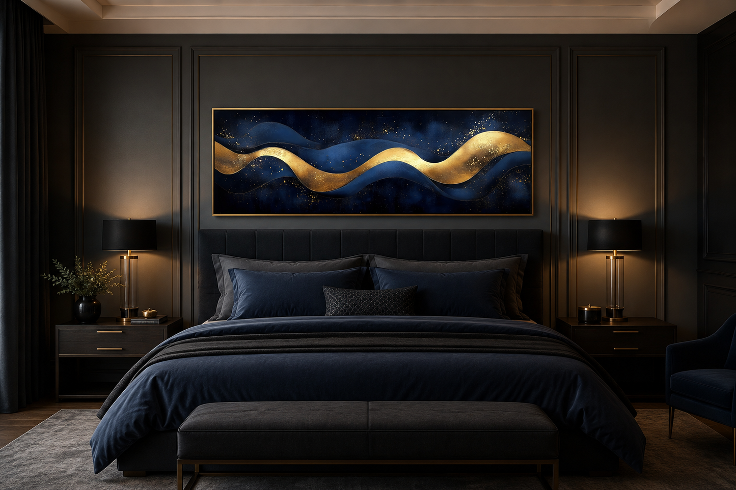 Navy Blue Gold Modern Abstract Above Bed Canvas Wall Art