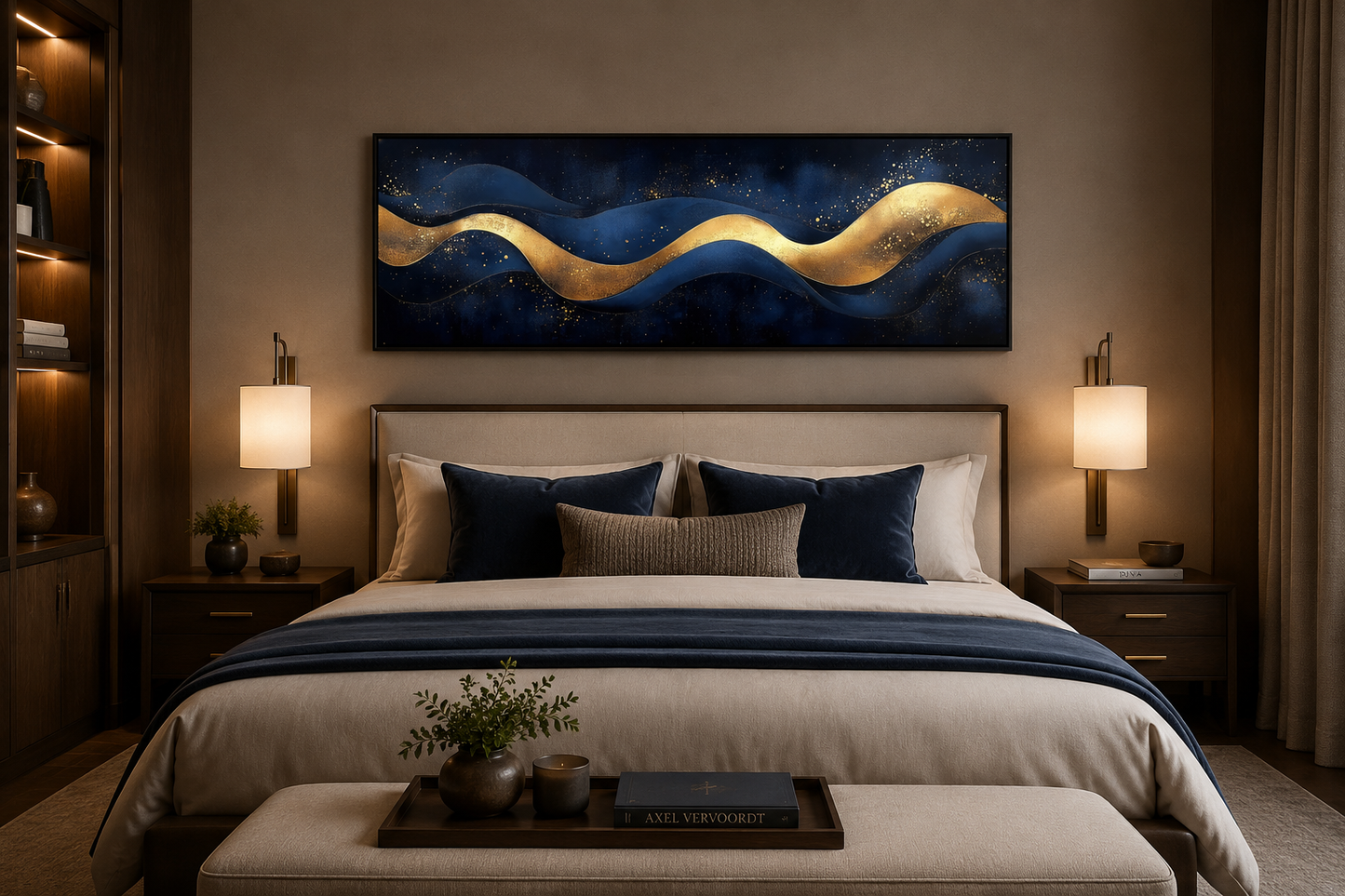 Navy Blue Gold Modern Abstract Above Bed Canvas Wall Art