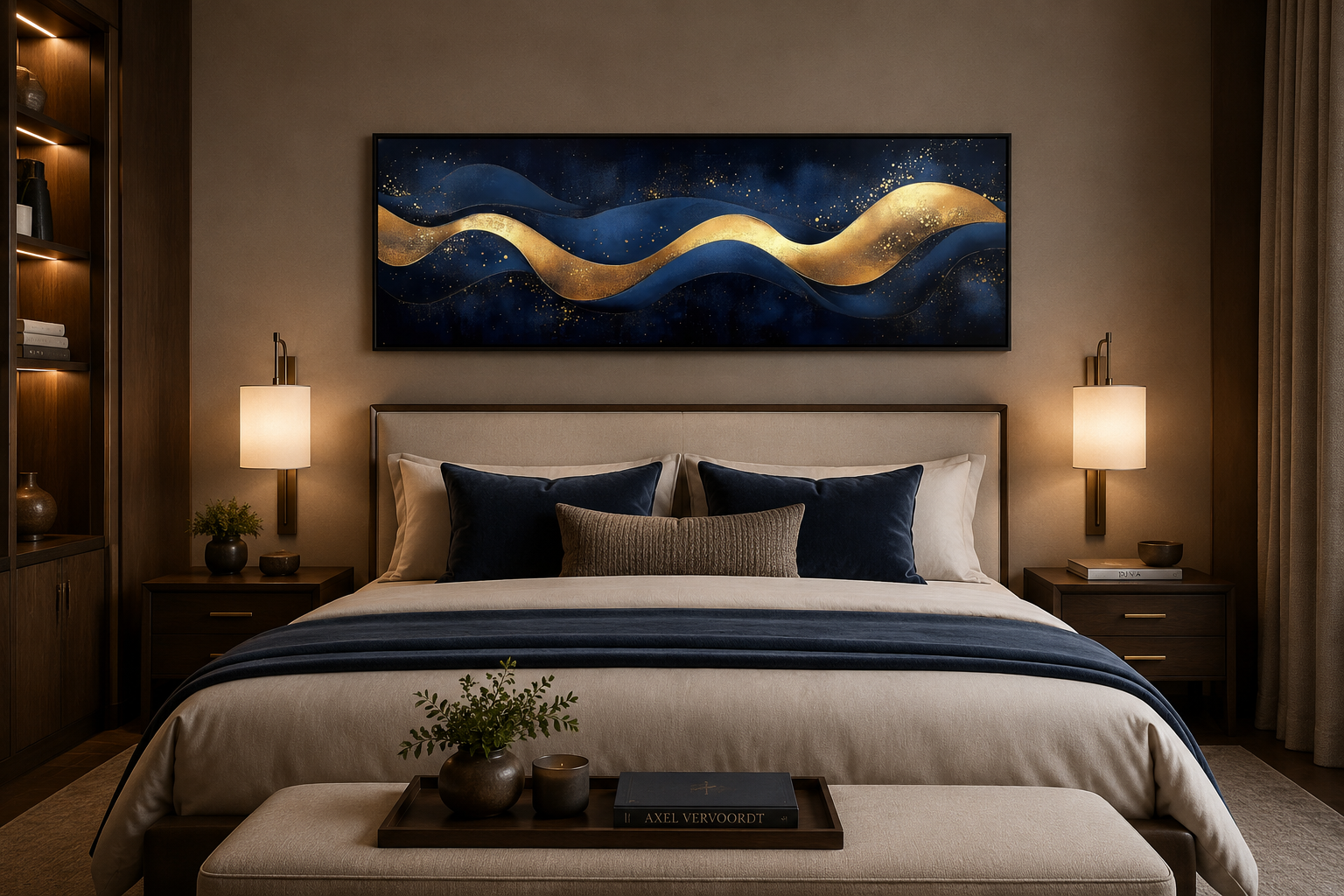 Navy Blue Gold Modern Abstract Above Bed Canvas Wall Art