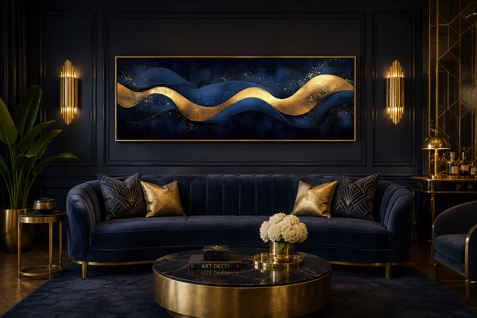 Navy Blue Gold Modern Abstract Above Bed Canvas Wall Art