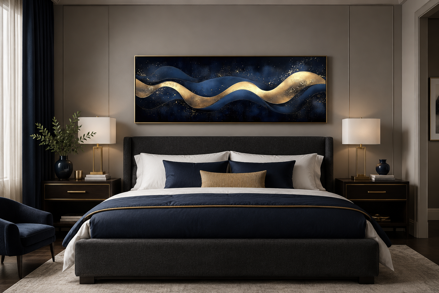 Navy Blue Gold Modern Abstract Above Bed Canvas Wall Art