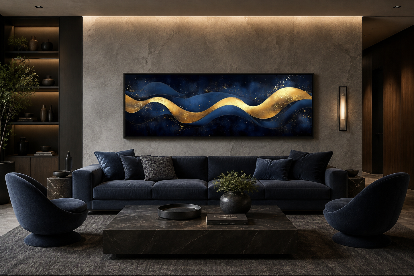 Navy Blue Gold Modern Abstract Above Bed Canvas Wall Art
