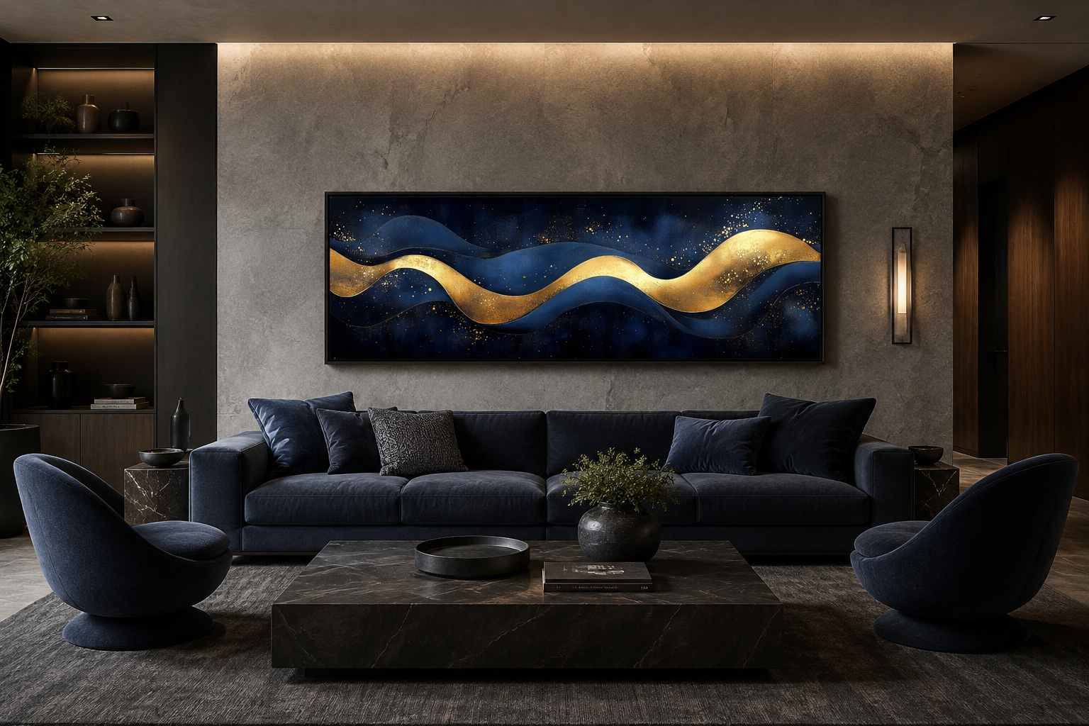 Navy Blue Gold Modern Abstract Above Bed Canvas Wall Art