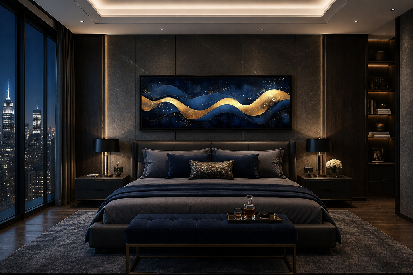 Navy Blue Gold Modern Abstract Above Bed Canvas Wall Art