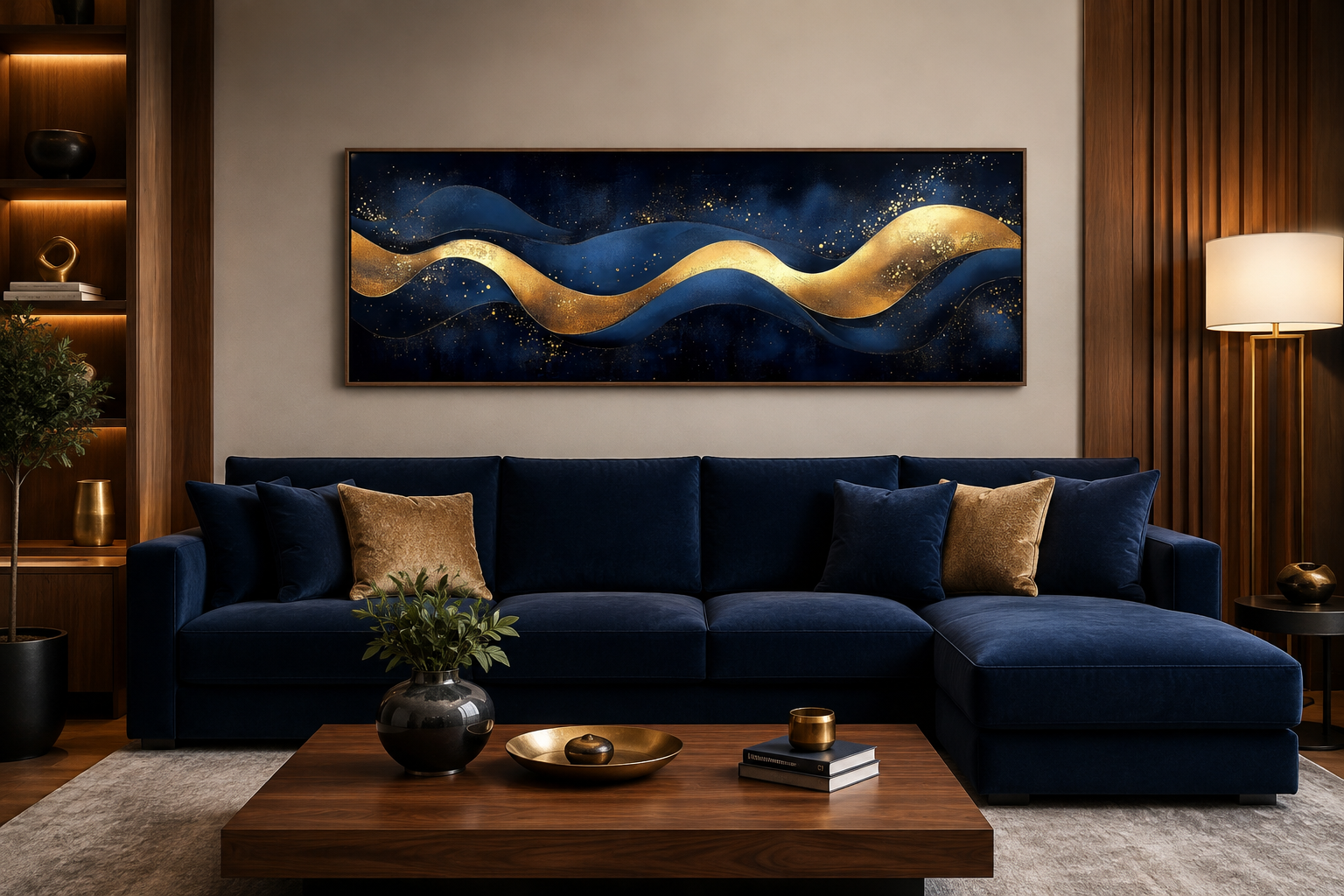 Navy Blue Gold Modern Abstract Above Bed Canvas Wall Art