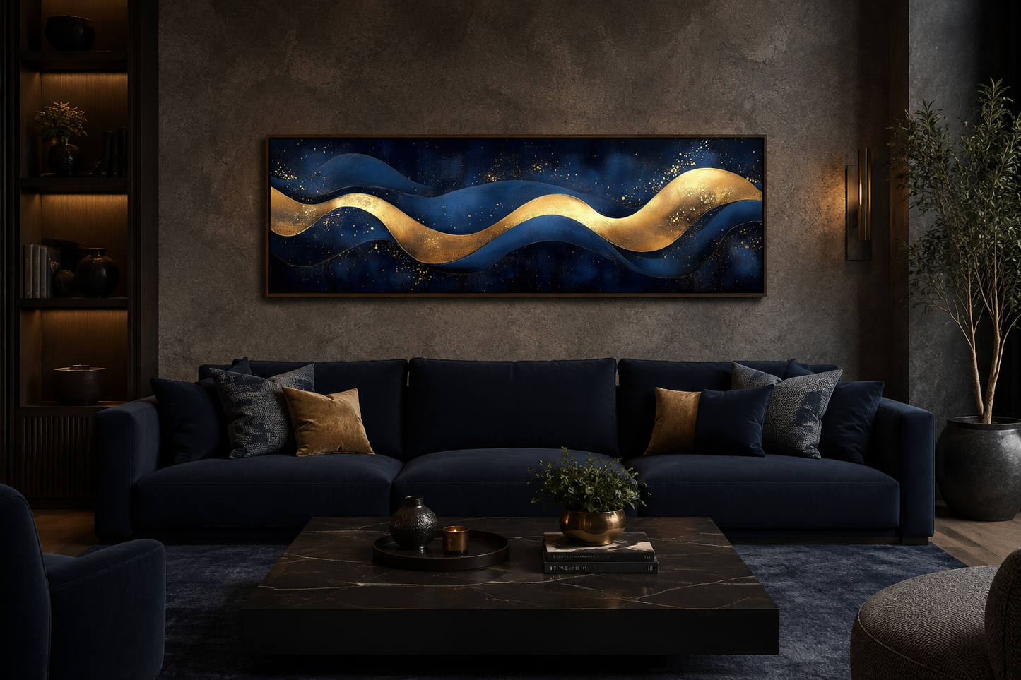 Navy Blue Gold Modern Abstract Above Bed Canvas Wall Art