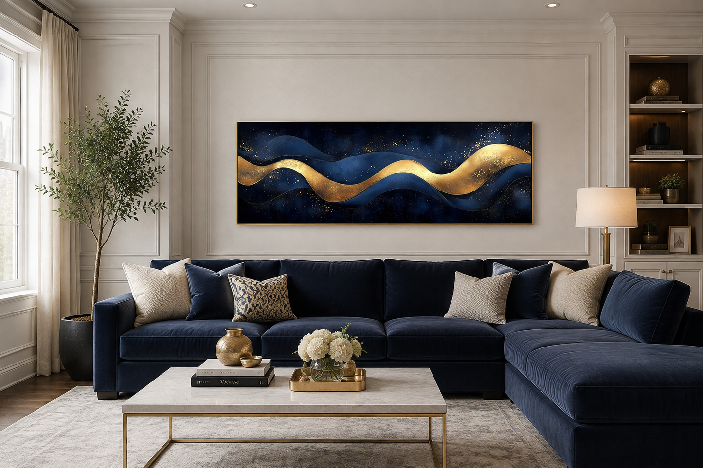 Navy Blue Gold Modern Abstract Above Bed Canvas Wall Art
