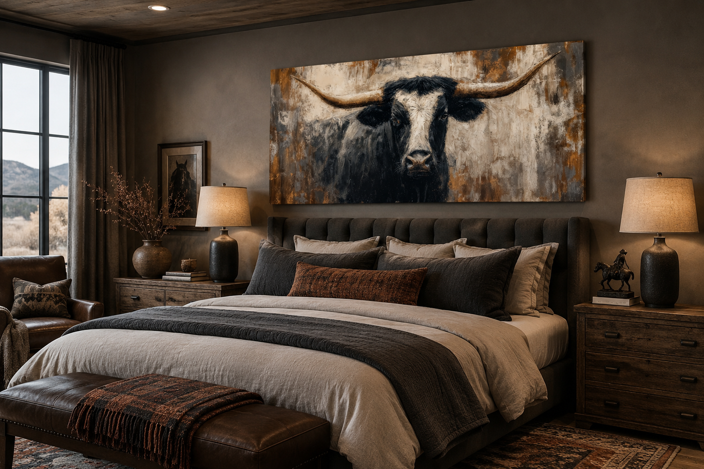 Abstract Longhorn Bull Canvas Wall Art In Modern Industrial Style And Mens Office Art