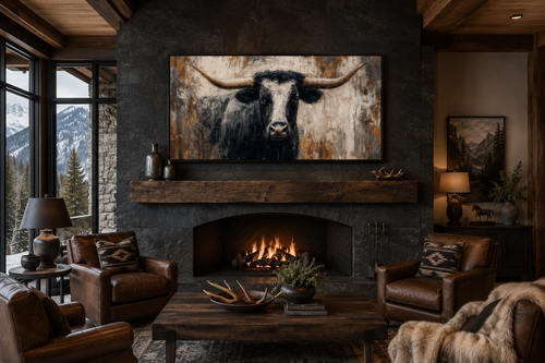 Abstract Longhorn Bull Canvas Wall Art In Modern Industrial Style And Mens Office Art
