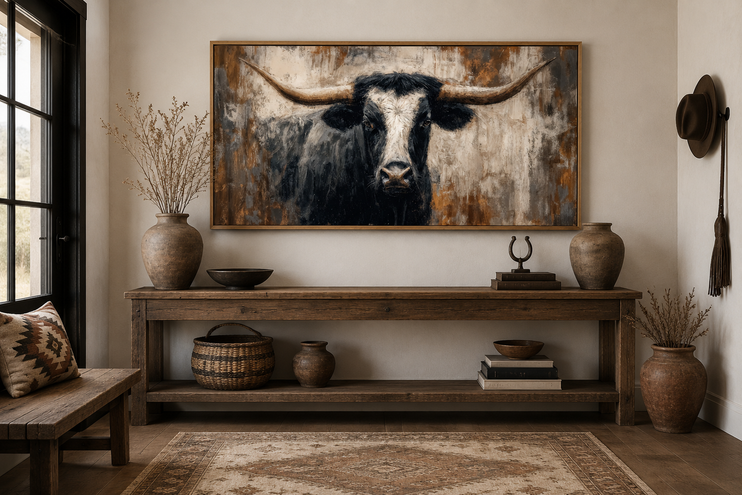 Abstract Longhorn Bull Canvas Wall Art In Modern Industrial Style And Mens Office Art