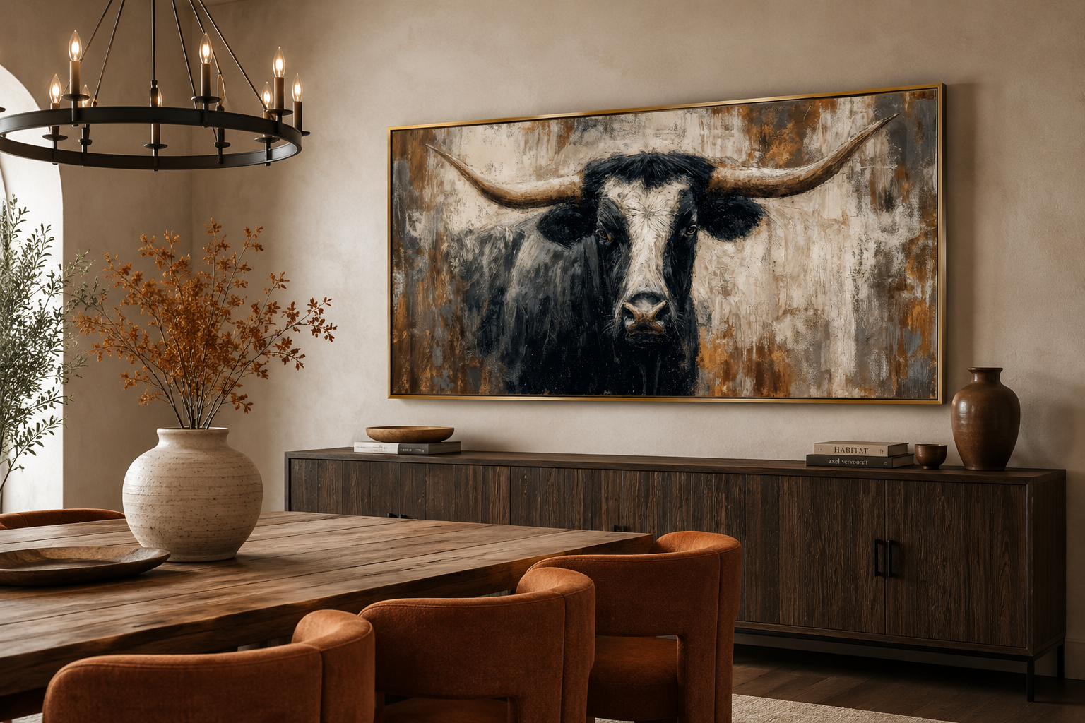 Abstract Longhorn Bull Canvas Wall Art In Modern Industrial Style And Mens Office Art