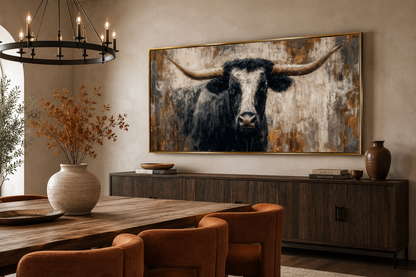 Abstract Longhorn Bull Canvas Wall Art In Modern Industrial Style And Mens Office Art