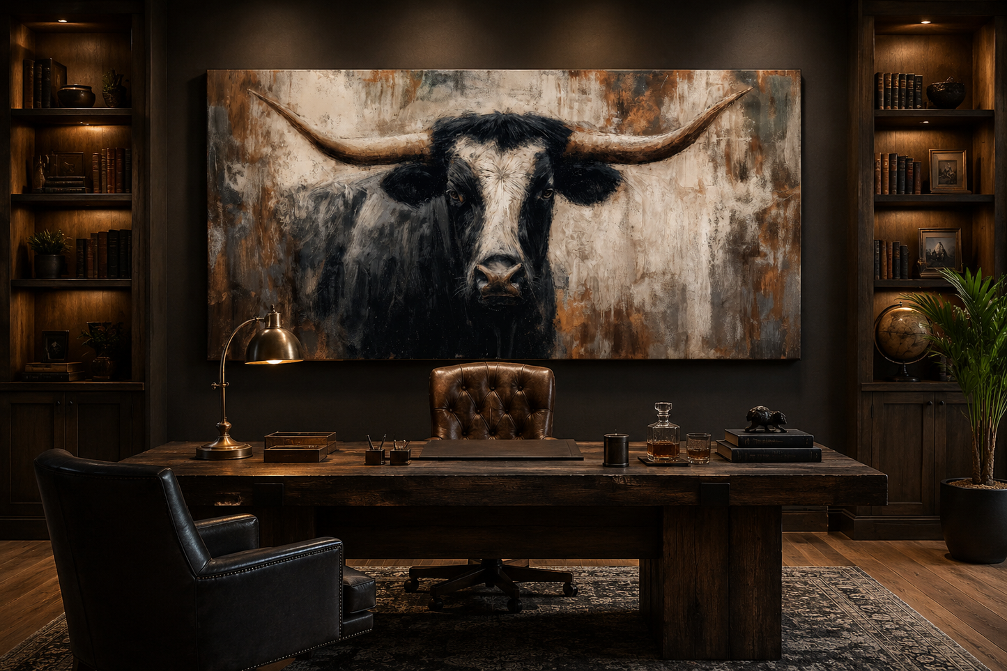 Abstract Longhorn Bull Canvas Wall Art In Modern Industrial Style And Mens Office Art