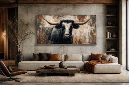 Abstract Longhorn Bull Canvas Wall Art In Modern Industrial Style And Mens Office Art