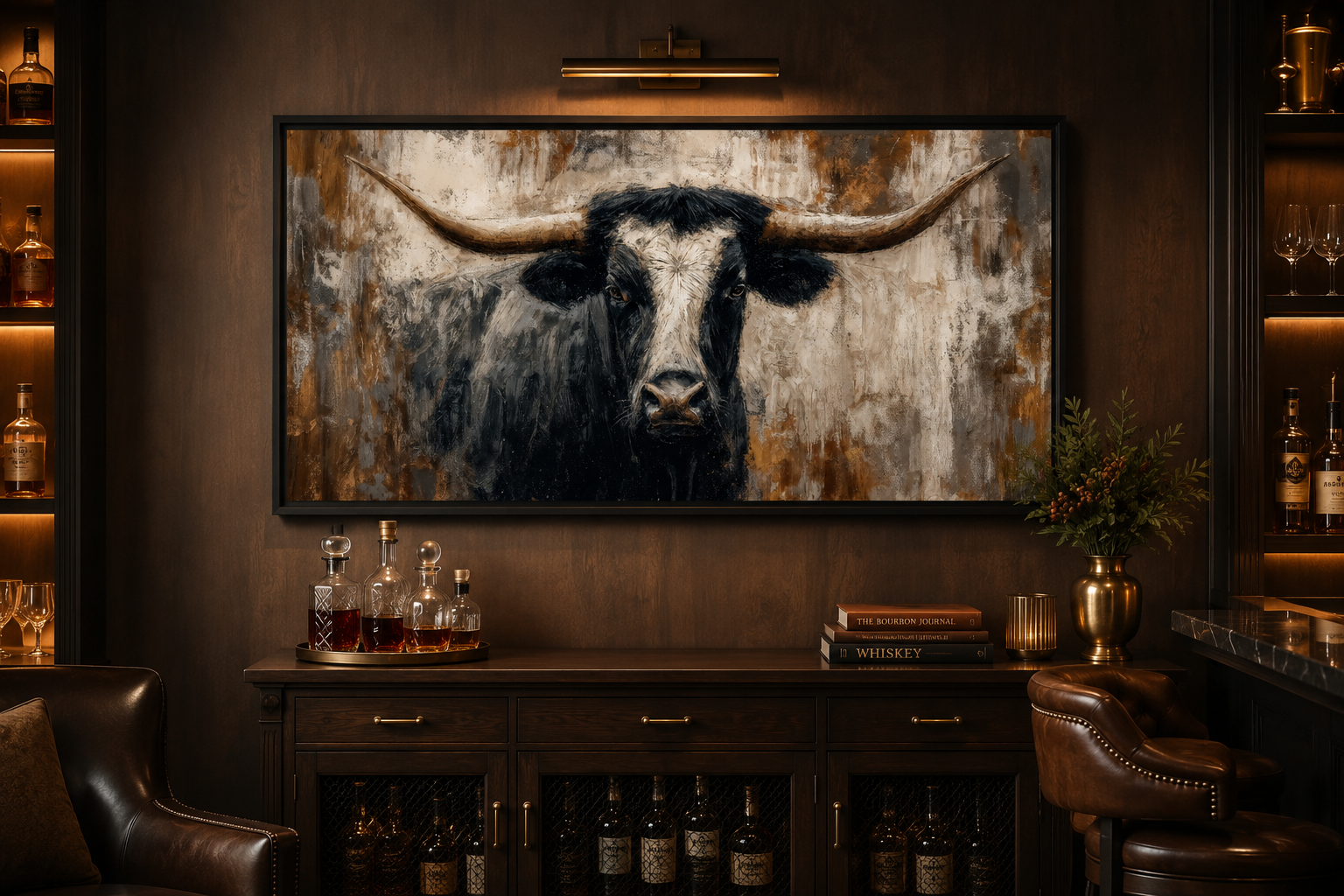 Abstract Longhorn Bull Canvas Wall Art In Modern Industrial Style And Mens Office Art