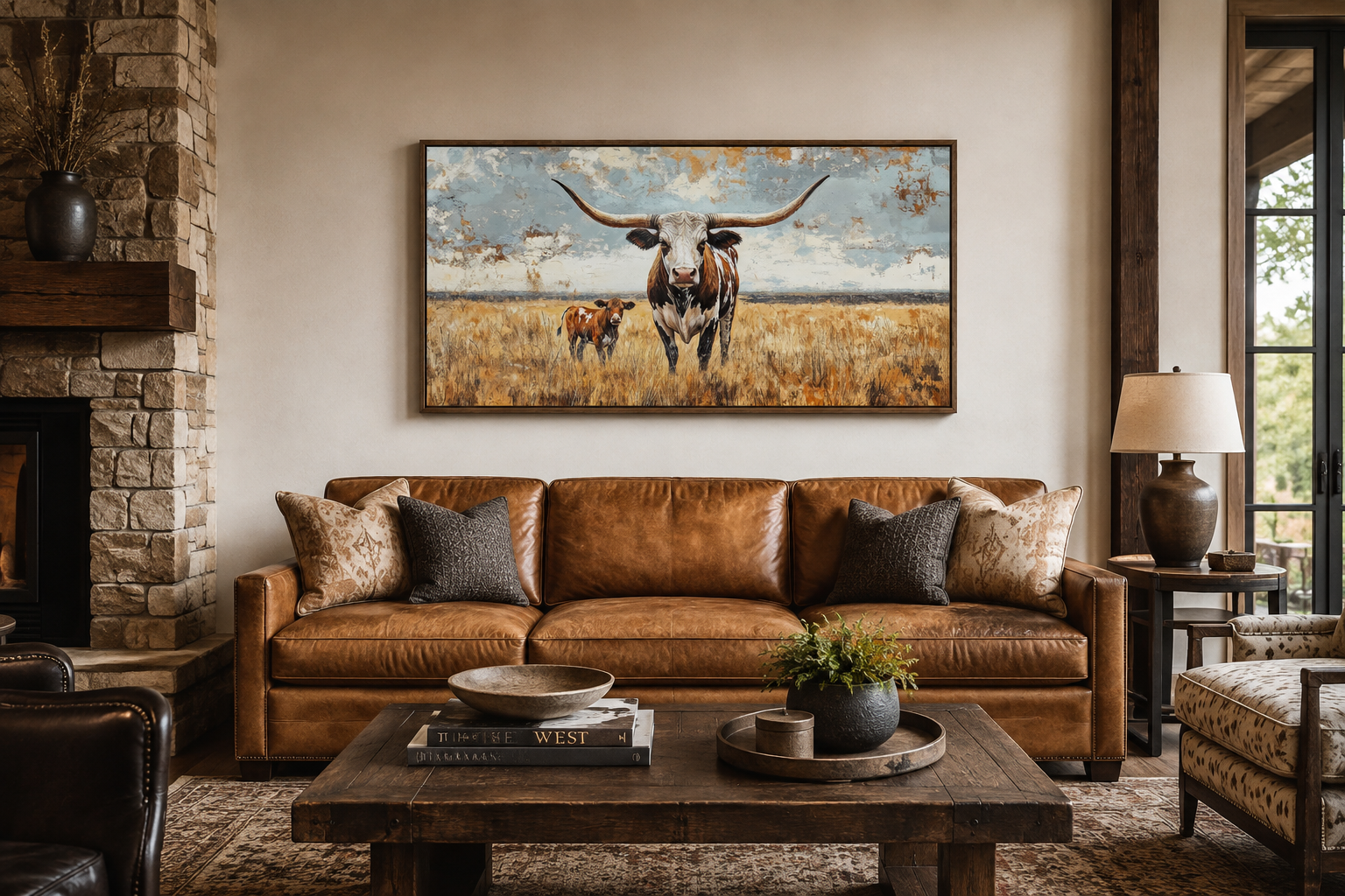 Texas Longhorn Cow With Calf In The Field Framed Canvas Wall Art