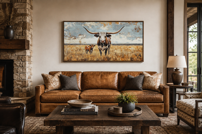 Texas Longhorn Cow With Calf In The Field Framed Canvas Wall Art