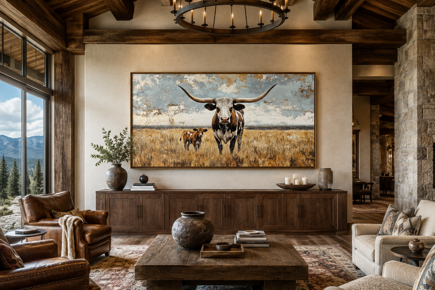 Texas Longhorn Cow With Calf In The Field Framed Canvas Wall Art