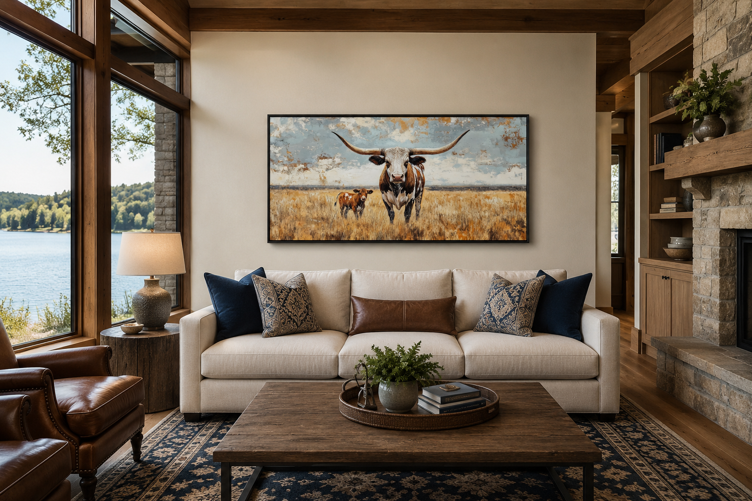 Texas Longhorn Cow With Calf In The Field Framed Canvas Wall Art