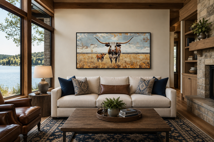 Texas Longhorn Cow With Calf In The Field Framed Canvas Wall Art