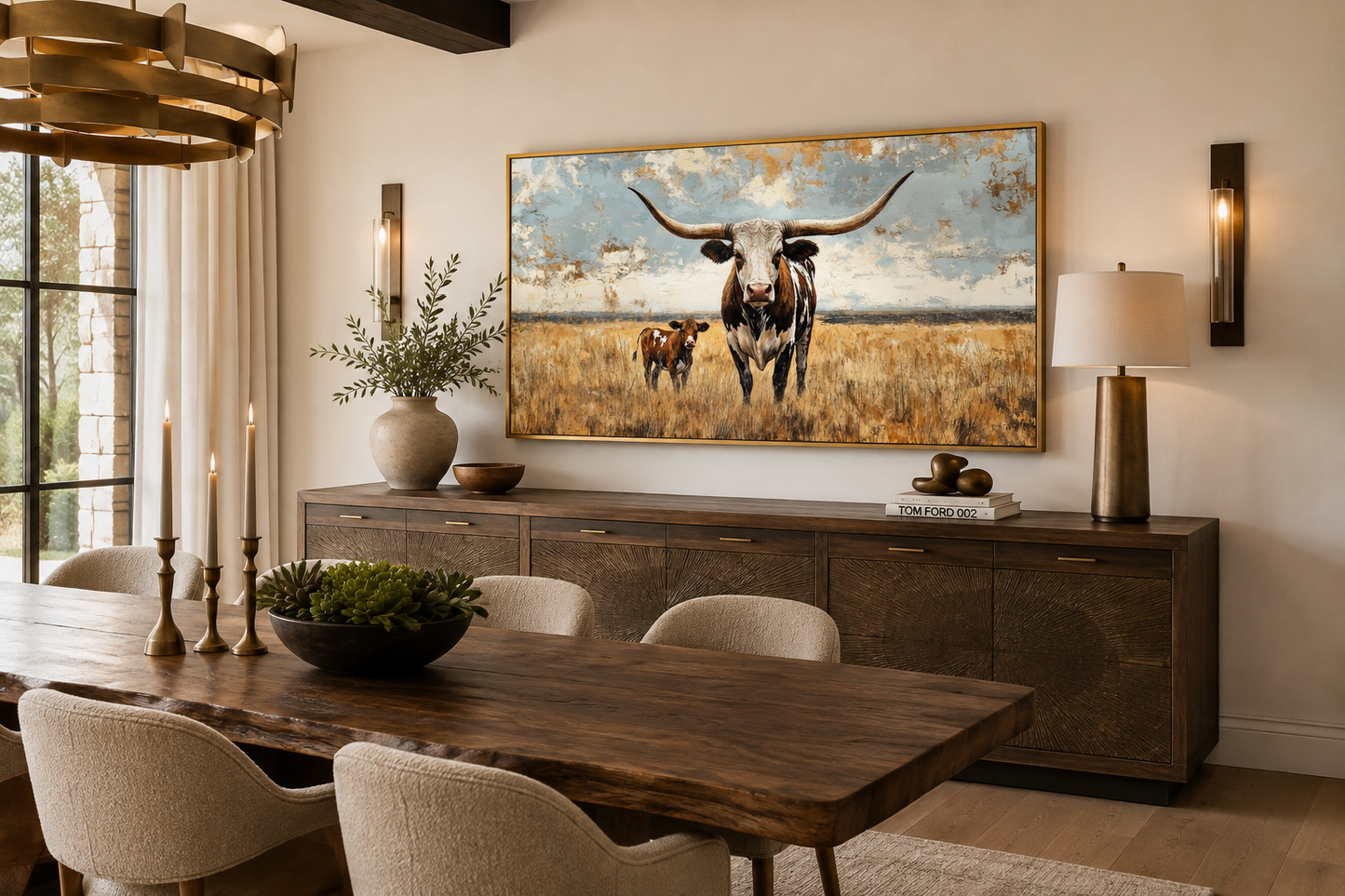 Texas Longhorn Cow With Calf In The Field Framed Canvas Wall Art