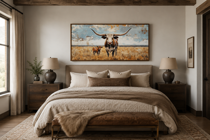 Texas Longhorn Cow With Calf In The Field Framed Canvas Wall Art
