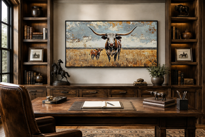 Texas Longhorn Cow With Calf In The Field Framed Canvas Wall Art